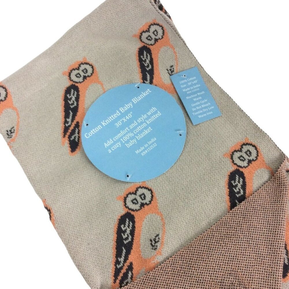 Owl Print Cotton Knit Baby Blanket 30x40 Beige & Orange Soft Crib Unisex Gift